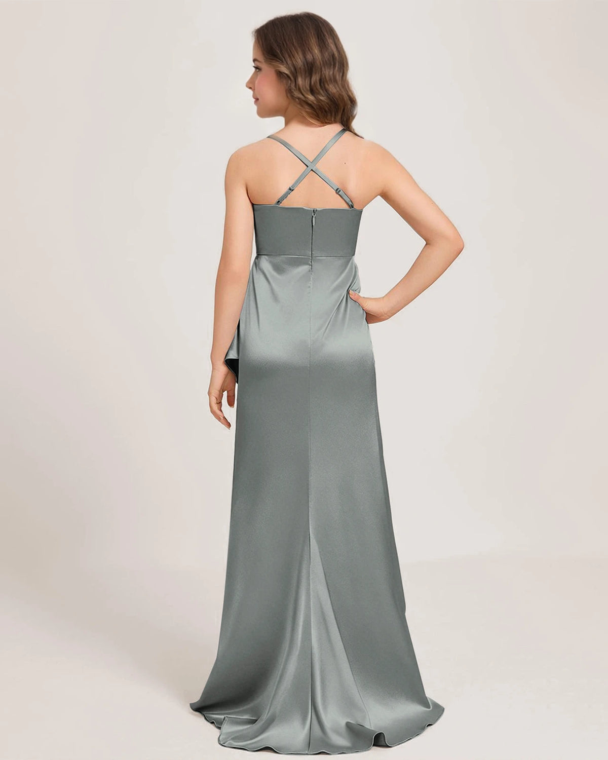 Grey Satin Sheath Girls Formal Dress Back View