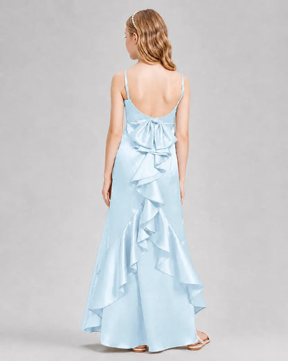 Baby Blue Satin A-line Girls Formal Dress Back View