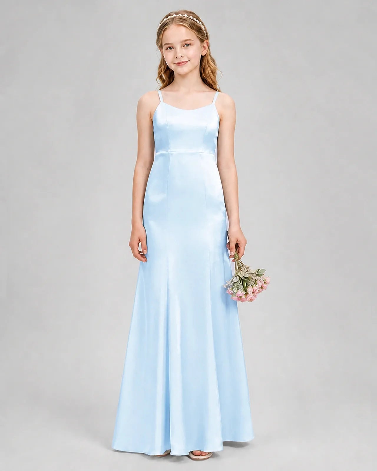 Baby Blue Satin A-line Girls Formal Dress Front View