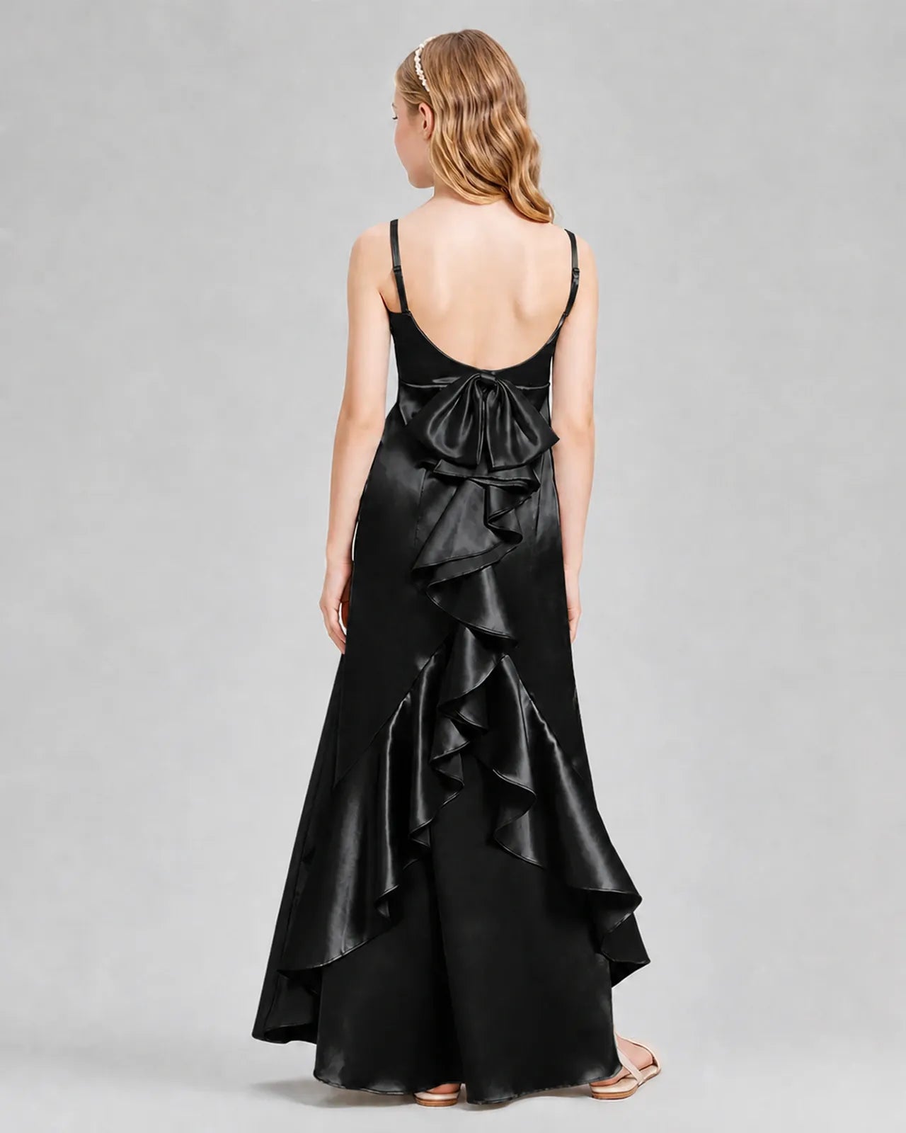 Black Satin A-line Girls Formal Dress Back View
