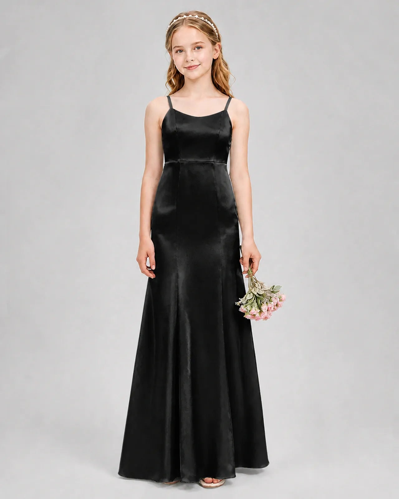 Black Satin A-line Girls Formal Dress Front View