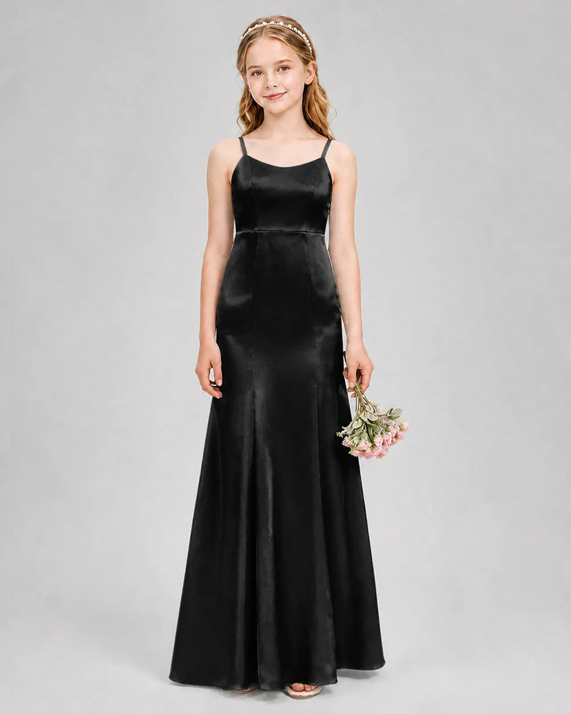 Black Satin A-line Girls Formal Dress Front View