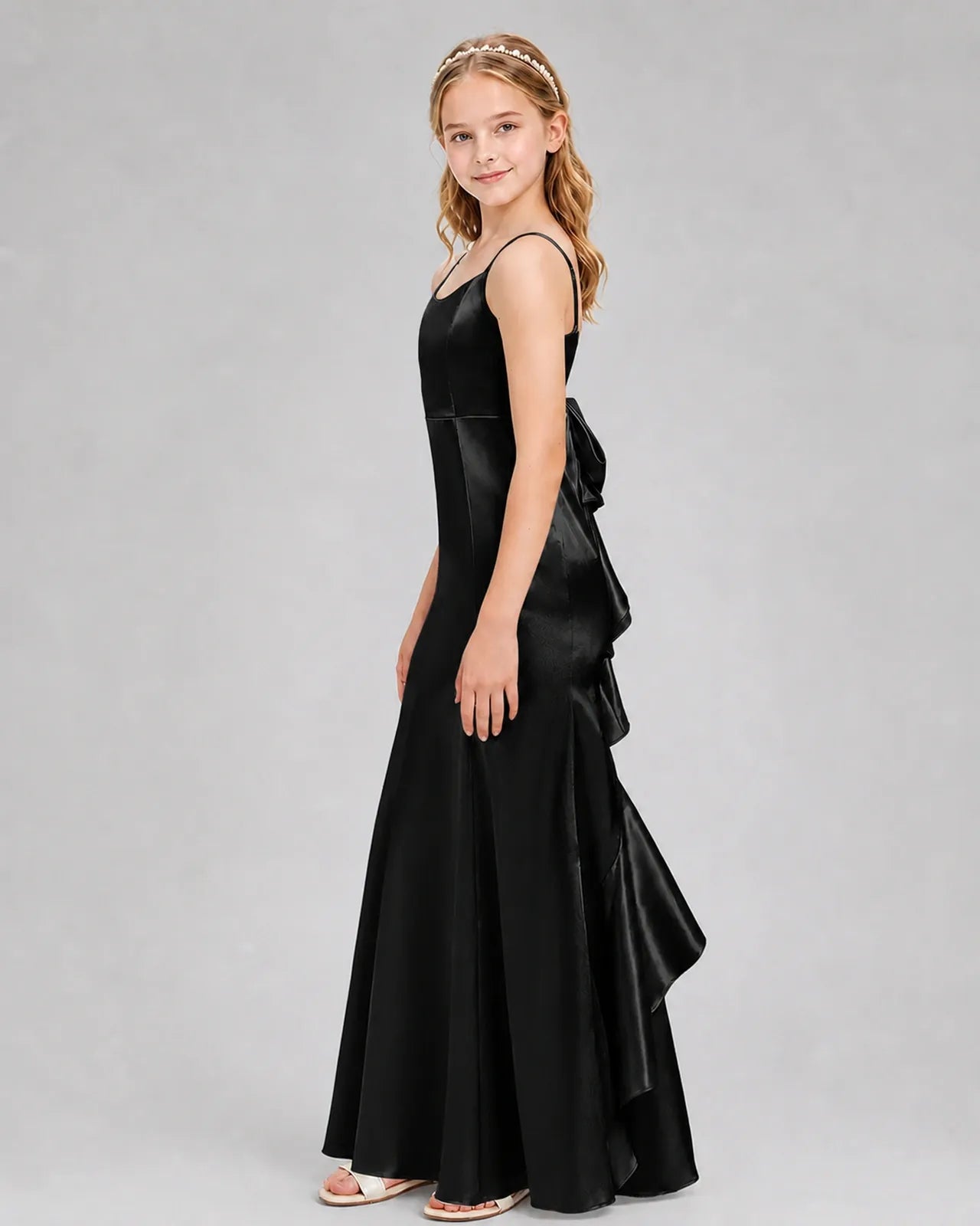 Black Satin A-line Girls Formal Dress Side View
