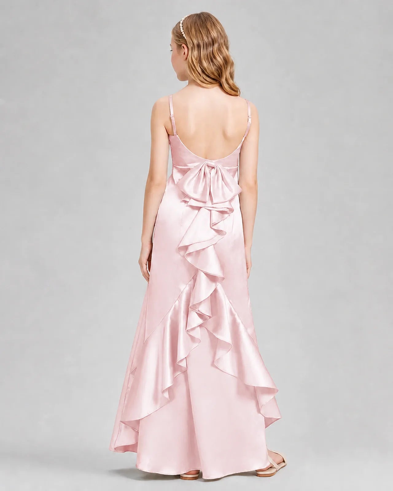 Blush Pink Satin A-line Girls Formal Dress Back View