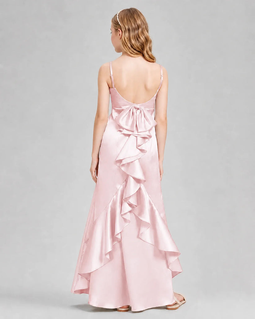 Blush Pink Satin A-line Girls Formal Dress Back View