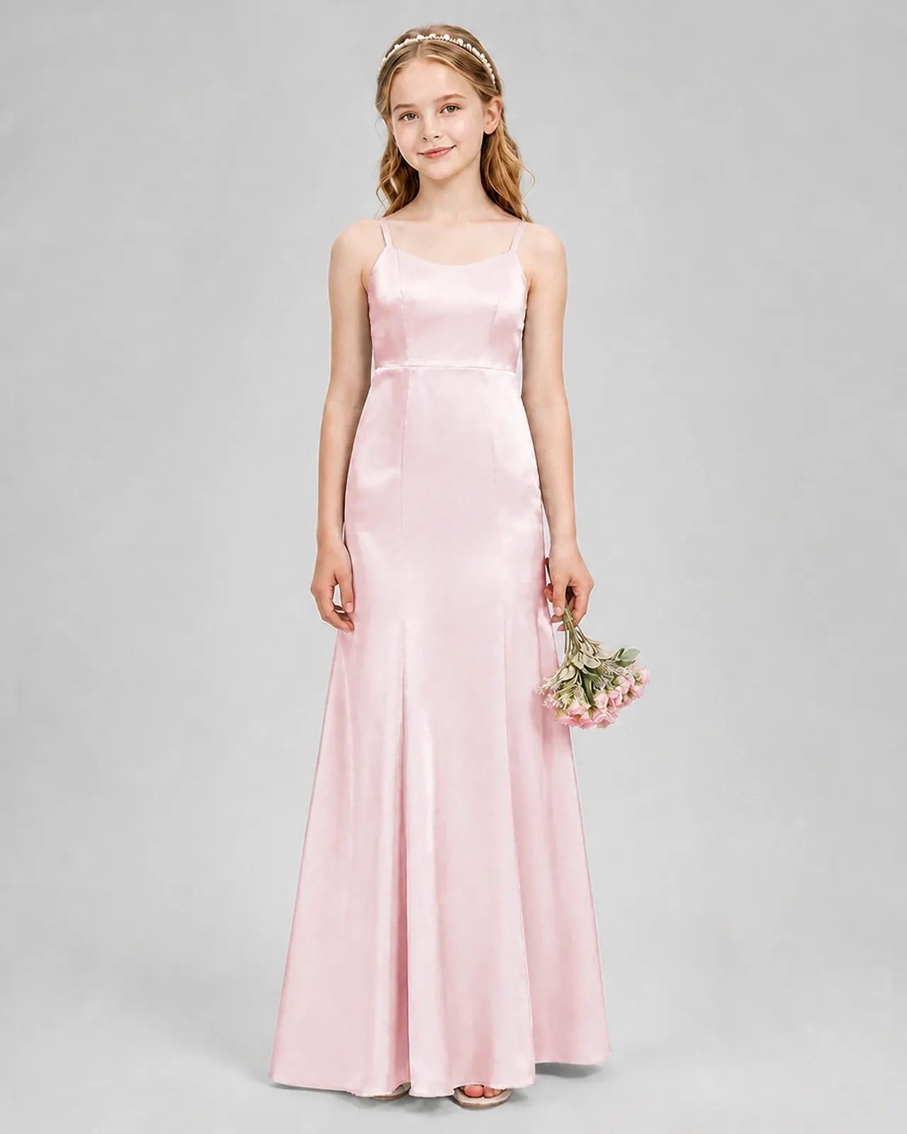 Blush Pink Satin A-line Girls Formal Dress Front View