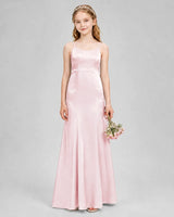 Blush Pink Satin A-line Girls Formal Dress Front View