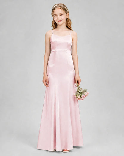 Blush Pink Satin A-line Girls Formal Dress Front View