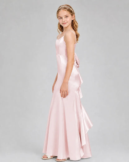Blush Pink Satin A-line Girls Formal Dress Side View