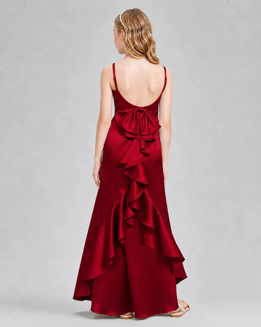 Burgundy Satin A-line Girls Formal Dress Back View