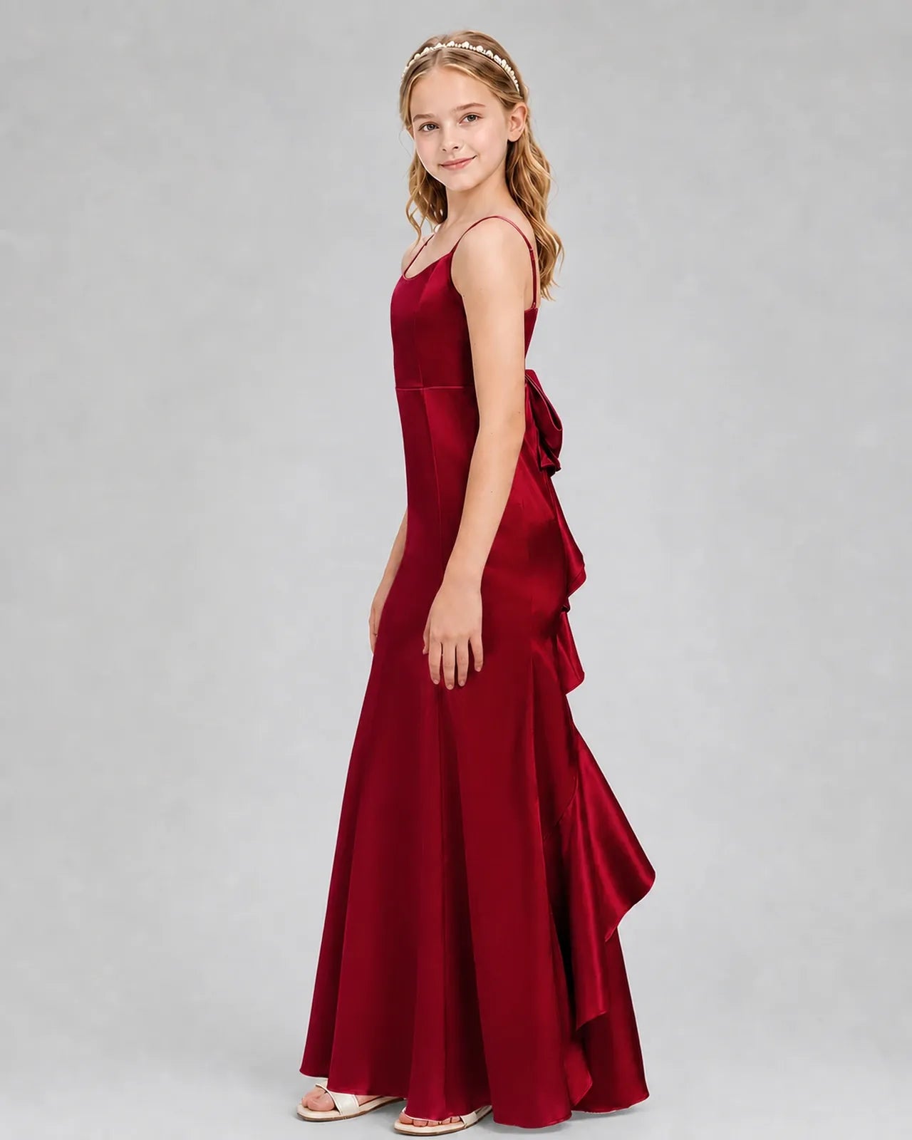 Burgundy Satin A-line Girls Formal Dress Side View