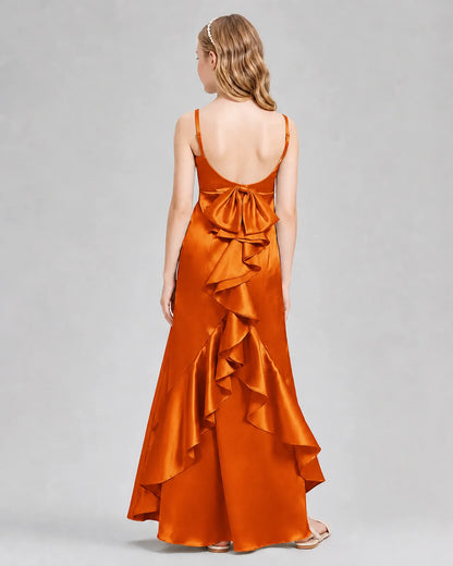 Burnt Orange Satin A-line Girls Formal Dress Back View