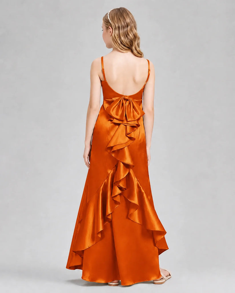 Burnt Orange Satin A-line Girls Formal Dress Back View
