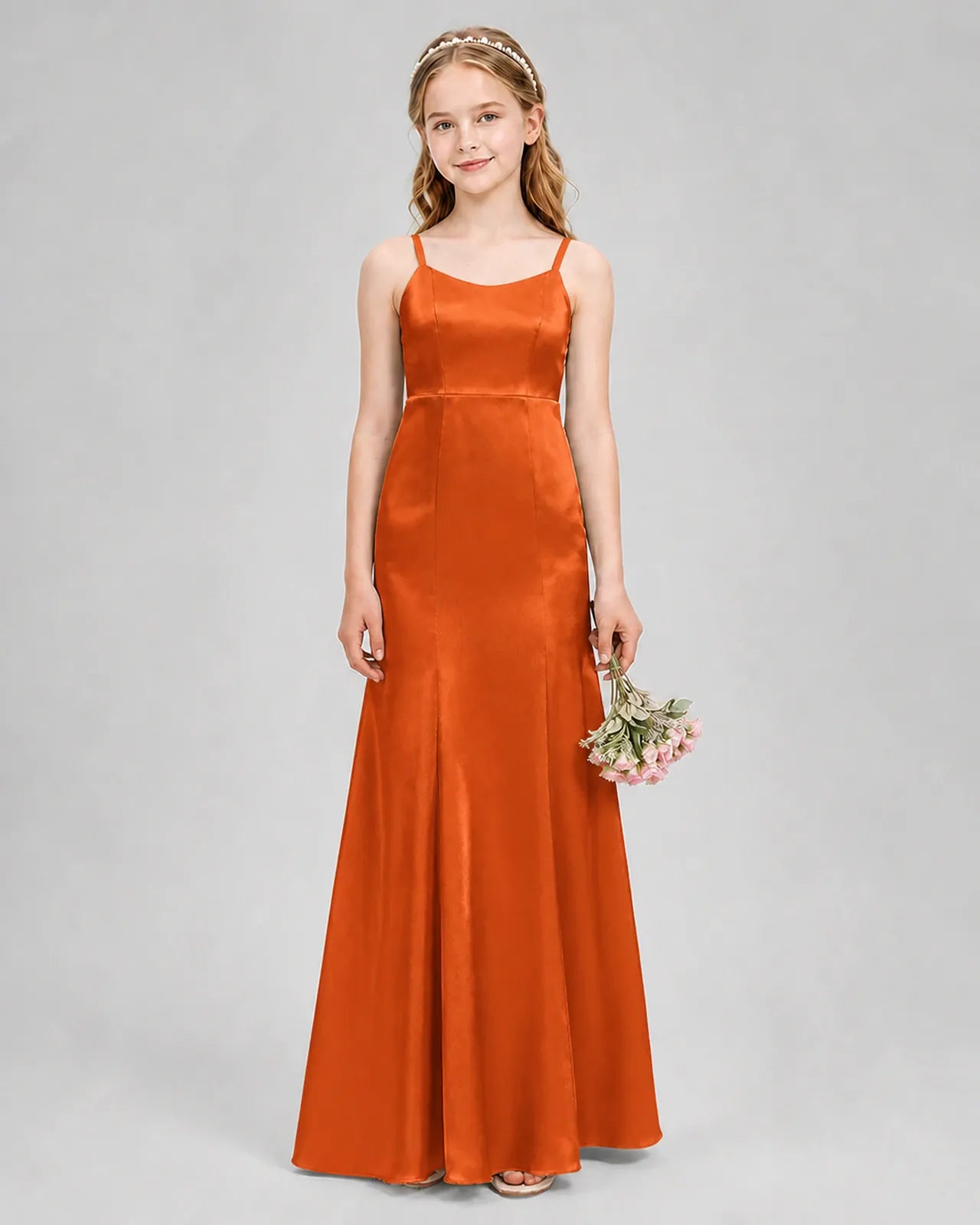 Burnt Orange Satin A-line Girls Formal Dress Front View