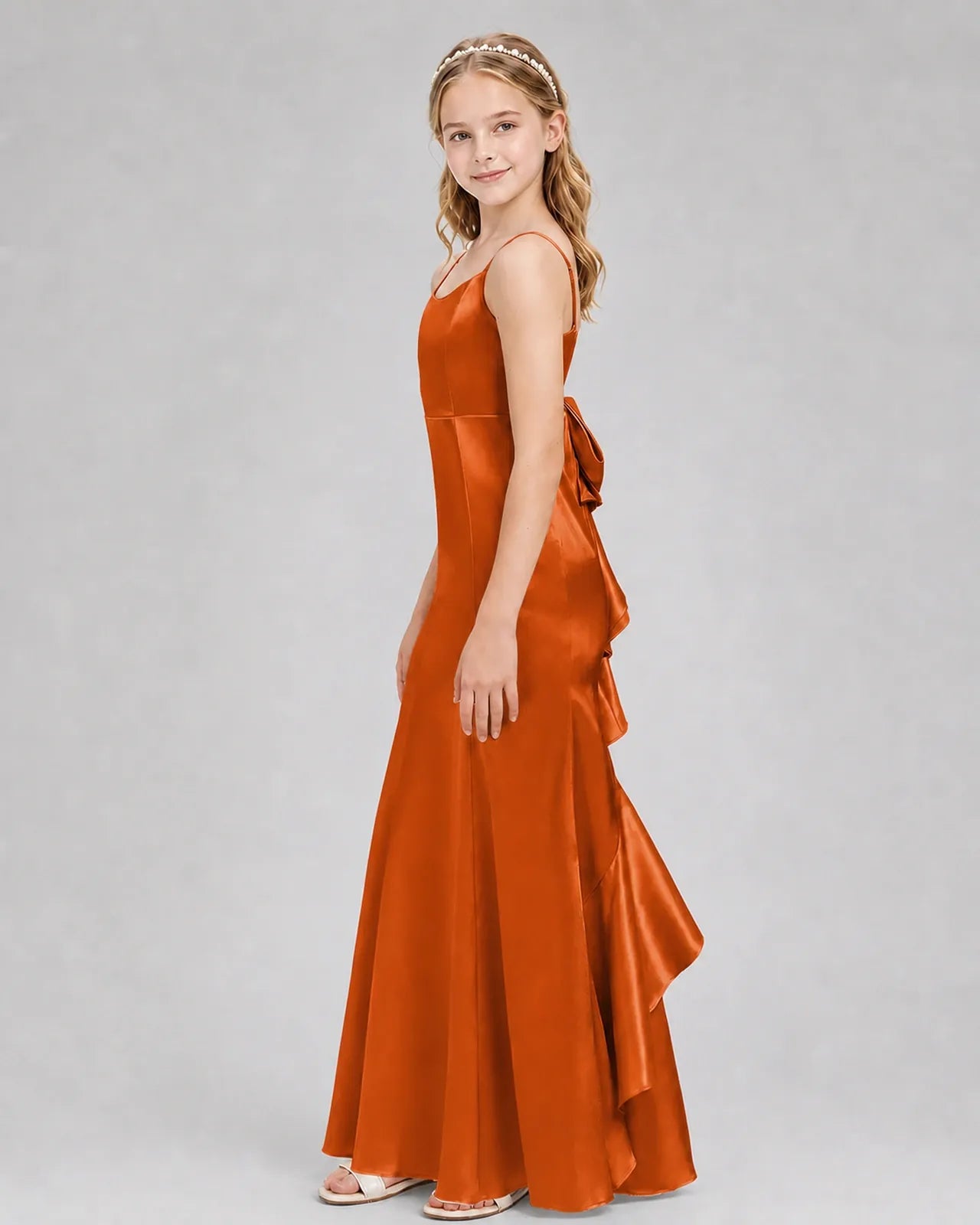Burnt Orange Satin A-line Girls Formal Dress Side View
