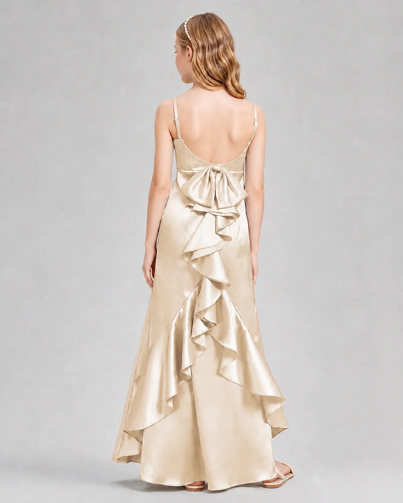 Champagne Satin A-line Girls Formal Dress Back View