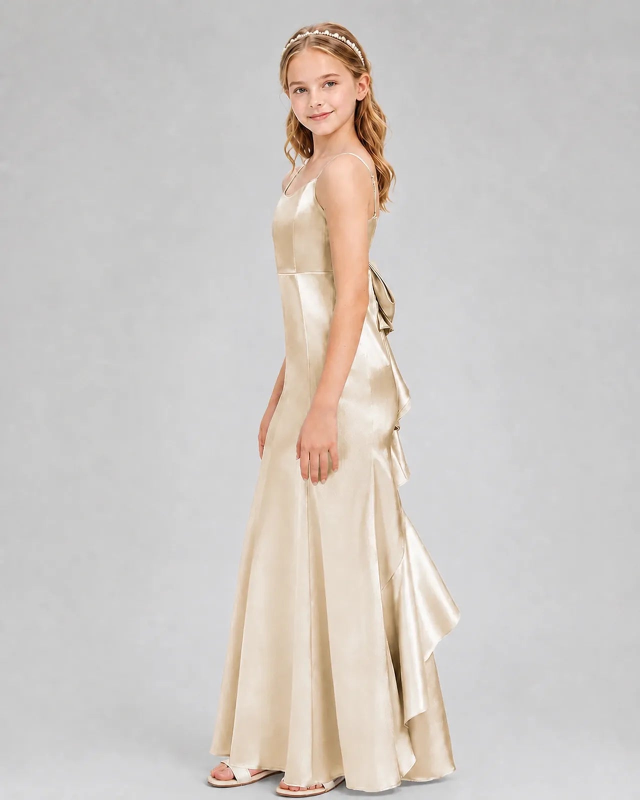 Champagne Satin A-line Girls Formal Dress Side View
