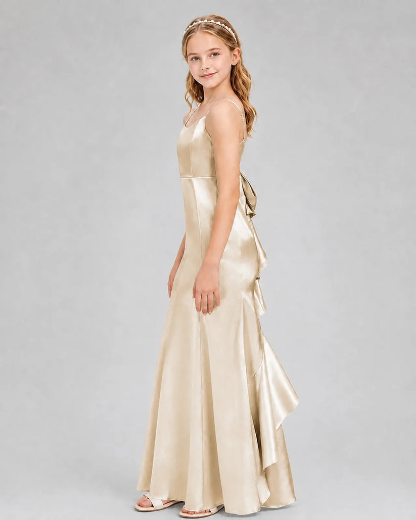 Champagne Satin A-line Girls Formal Dress Side View