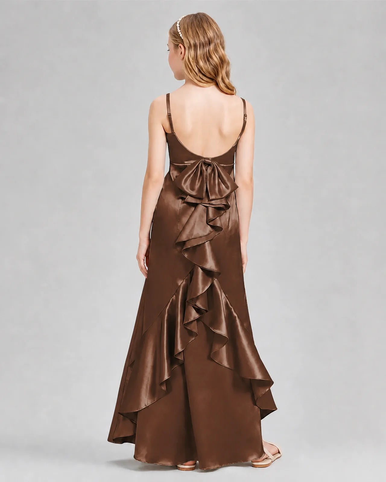 Chocolate Satin A-line Girls Formal Dress Back View