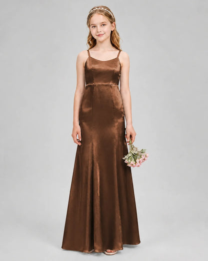 Chocolate Satin A-line Girls Formal Dress Front View