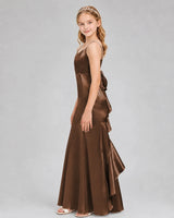 Chocolate Satin A-line Girls Formal Dress Side View