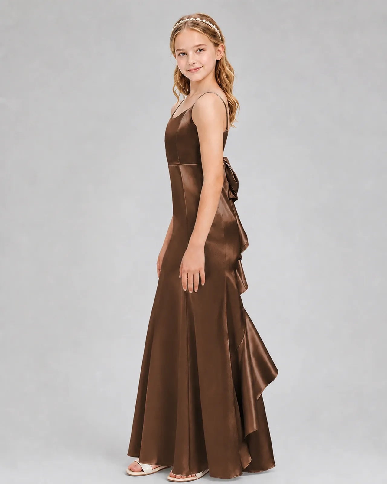 Chocolate Satin A-line Girls Formal Dress Side View