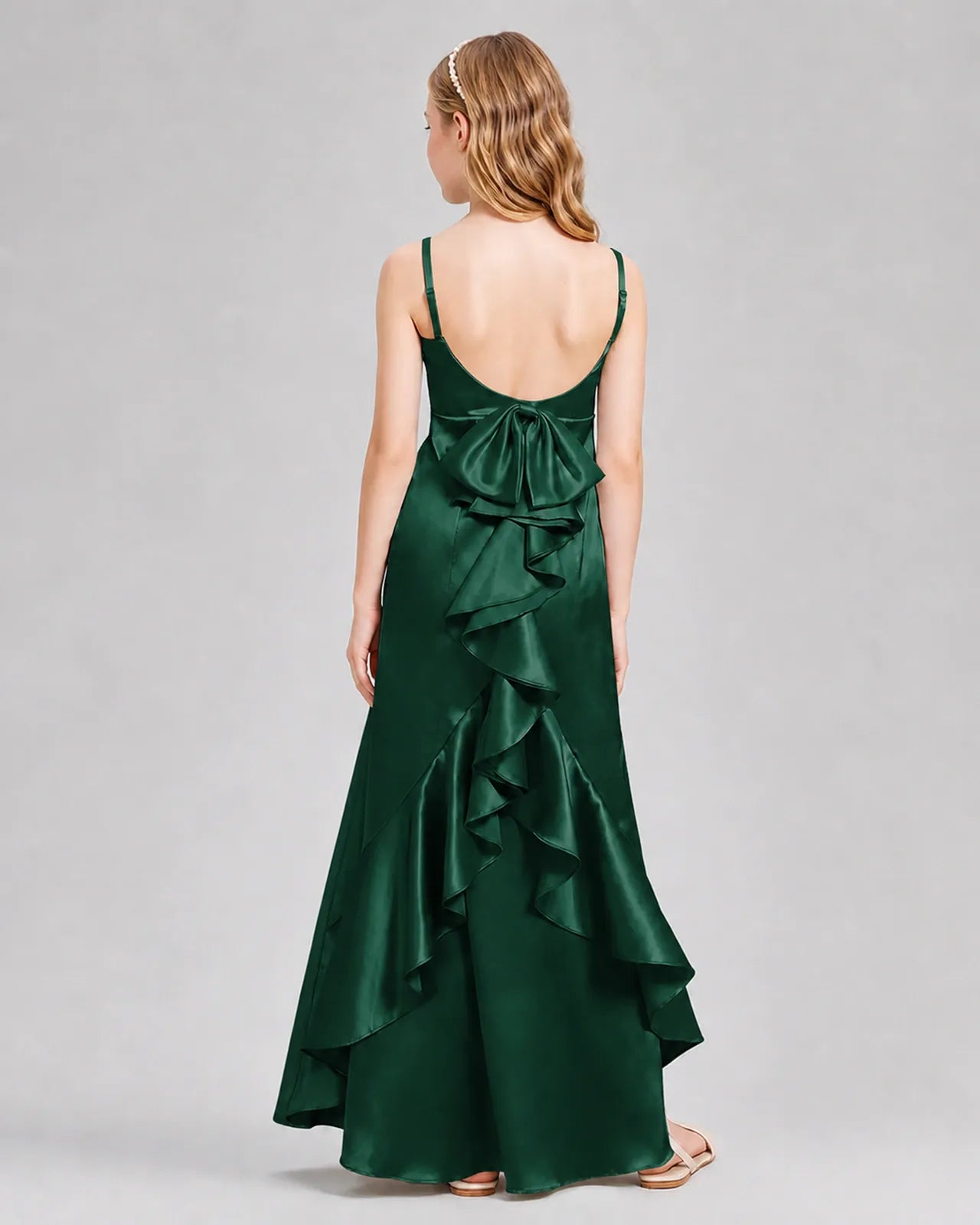 Dark Green Satin A-line Girls Formal Dress Back View
