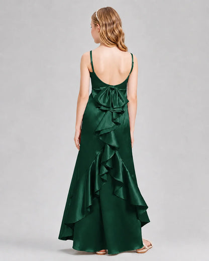 Dark Green Satin A-line Girls Formal Dress Back View