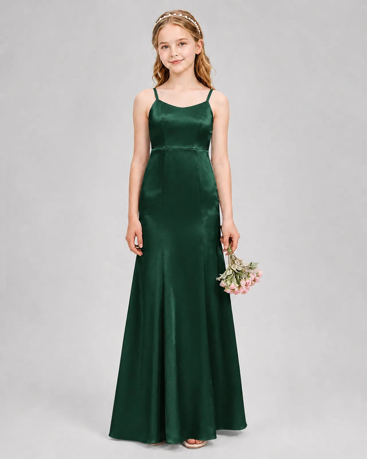 Dark Green Satin A-line Girls Formal Dress Front View