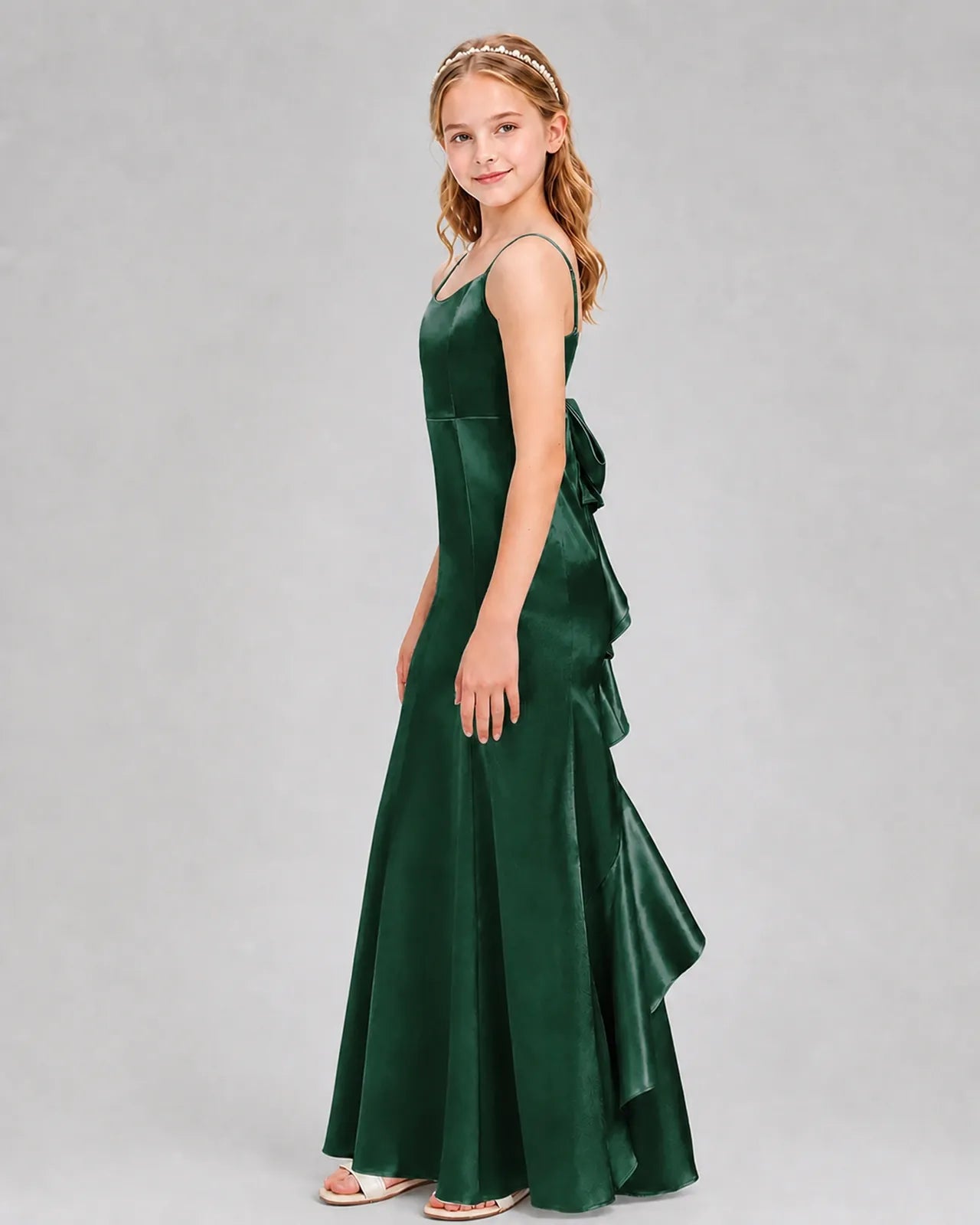 Dark Green Satin A-line Girls Formal Dress Side View