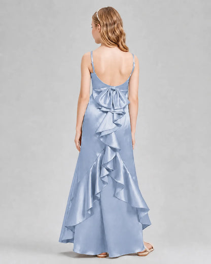 Dusty Blue Satin A-line Girls Formal Dress Back View