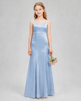 Dusty Blue Satin A-line Girls Formal Dress Front View