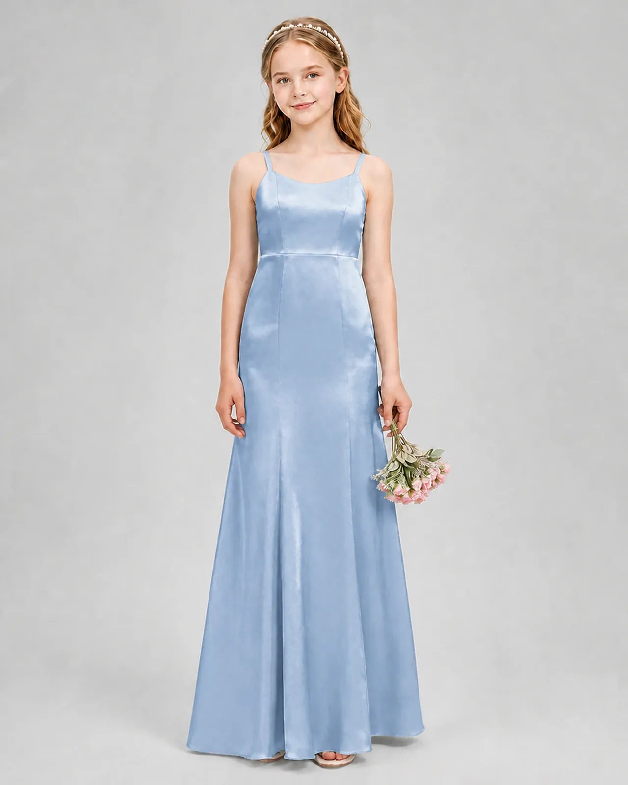 Dusty Blue Satin A-line Girls Formal Dress Front View