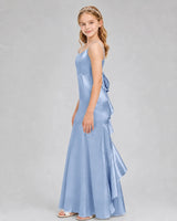 Dusty Blue Satin A-line Girls Formal Dress Side View