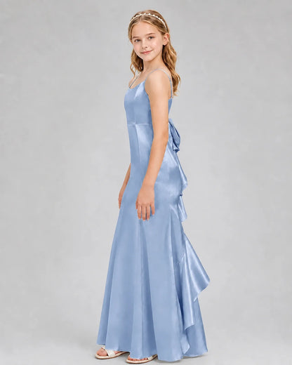 Dusty Blue Satin A-line Girls Formal Dress Side View