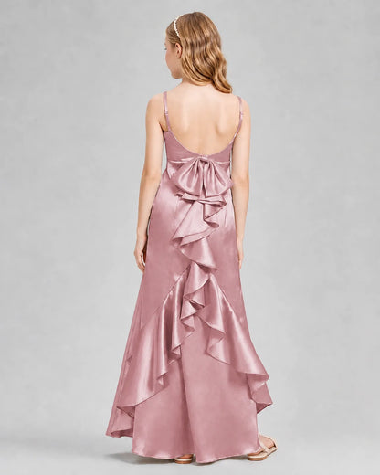 Dusty Rose Satin A-line Girls Formal Dress Back View