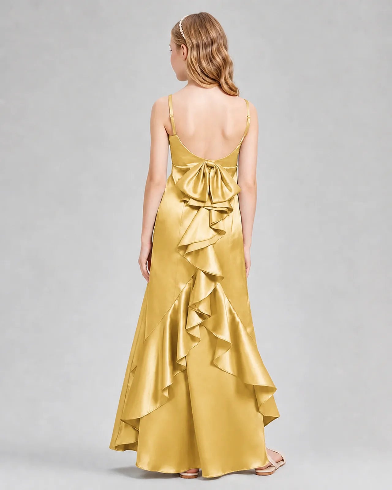 Gold Satin A-line Girls Formal Dress Back View