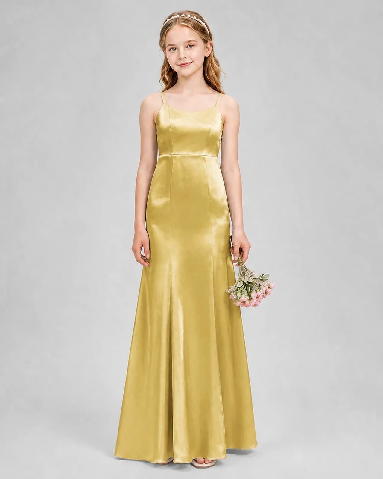 Gold Satin A-line Girls Formal Dress Front View