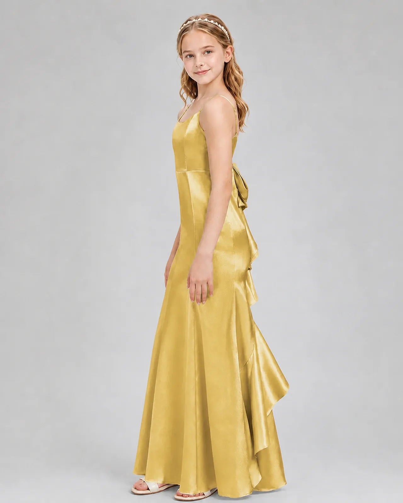 Gold Satin Mermaid Girls Formal Dress Side View