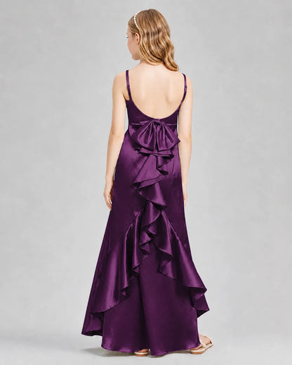 Grape Satin A-line Girls Formal Dress Back View
