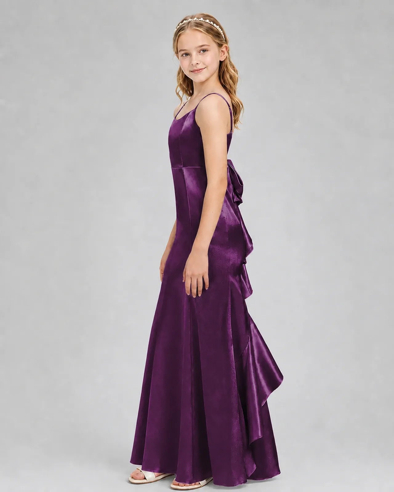 Grape Satin A-line Girls Formal Dress Side View