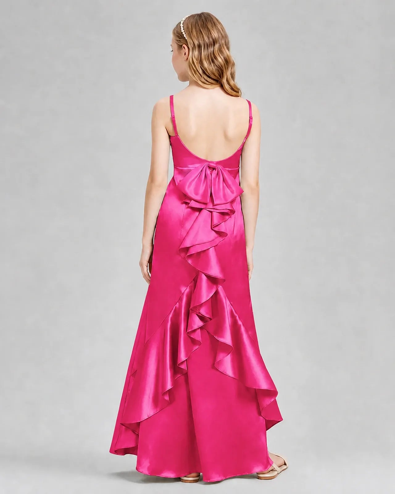 Hot Pink Satin A-line Girls Formal Dress Back View