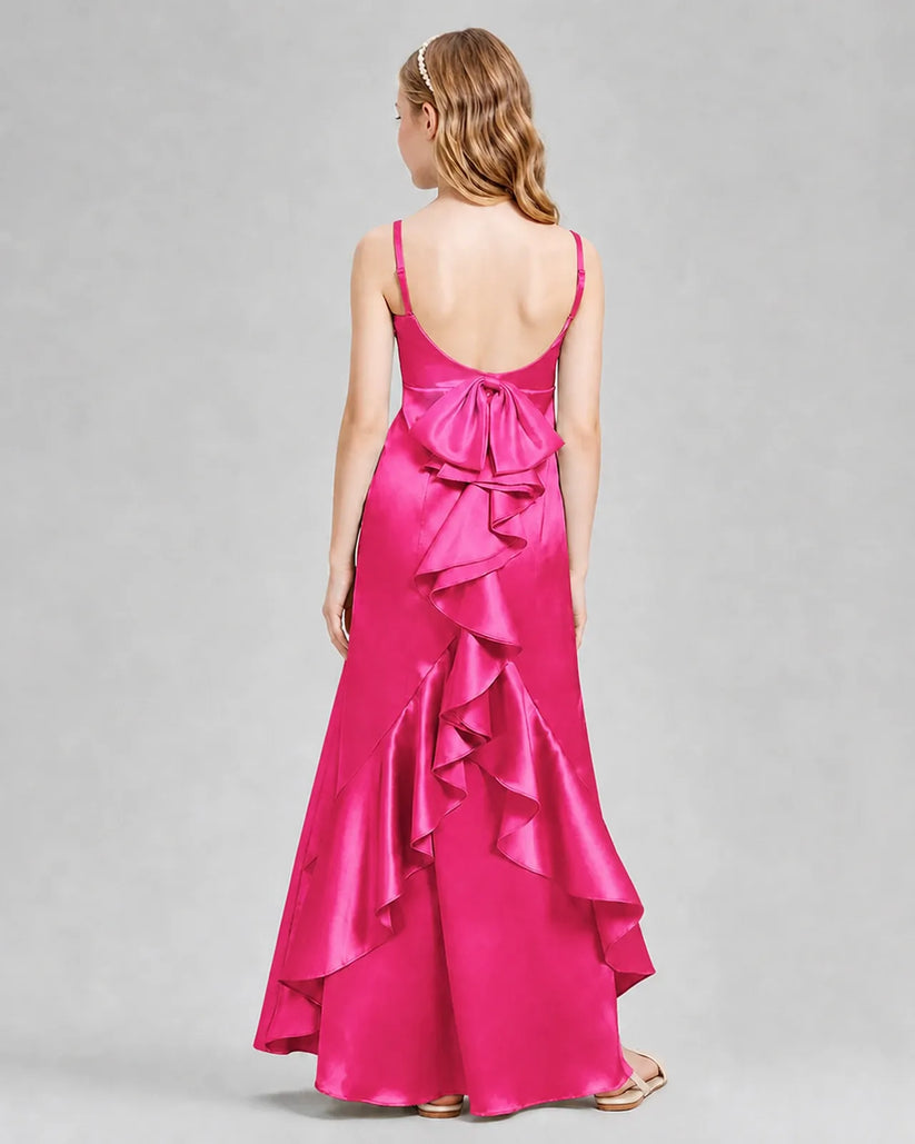 Hot Pink Satin A-line Girls Formal Dress Back View
