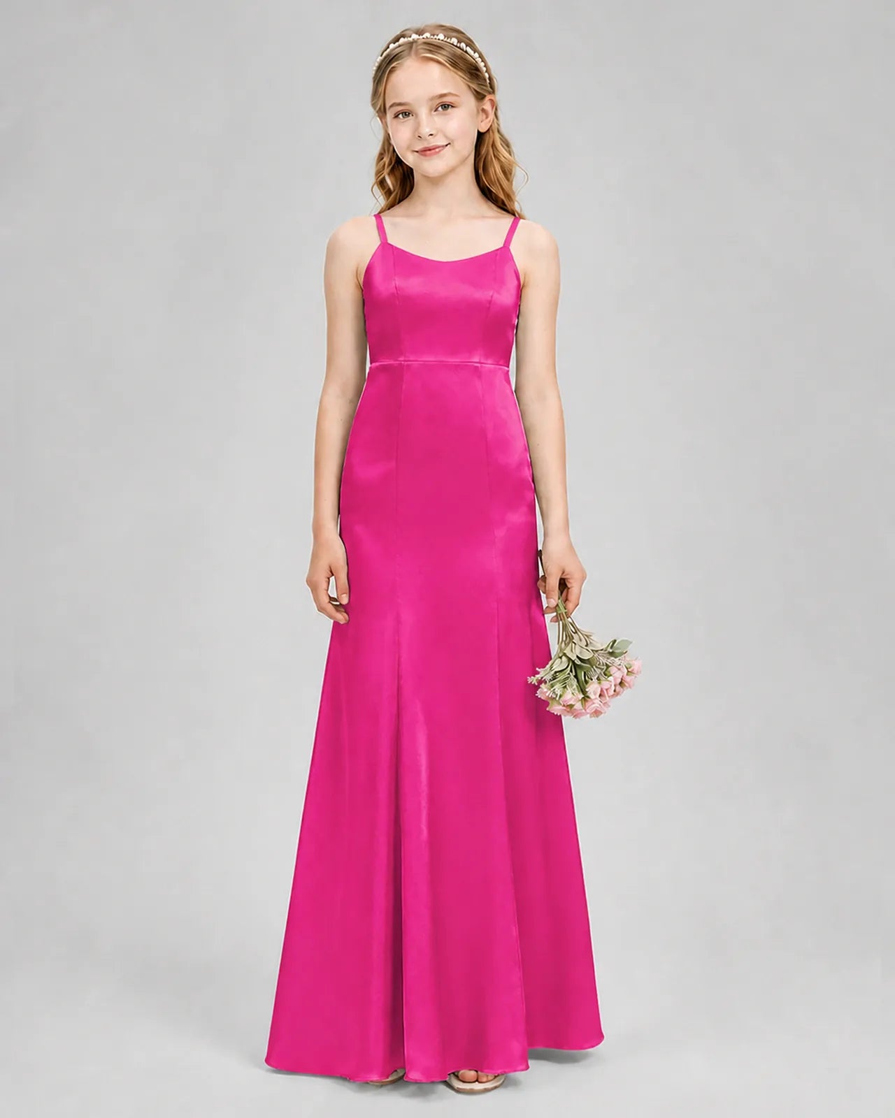 Hot Pink Satin A-line Girls Formal Dress Front View