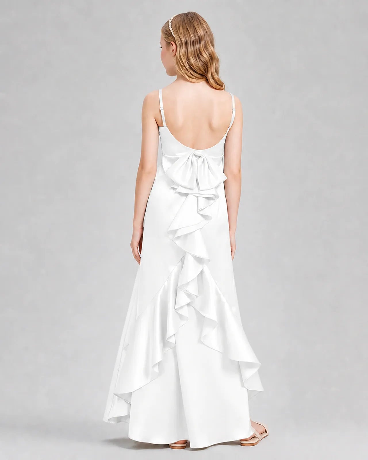 Ivory Satin A-line Girls Formal Dress Back View