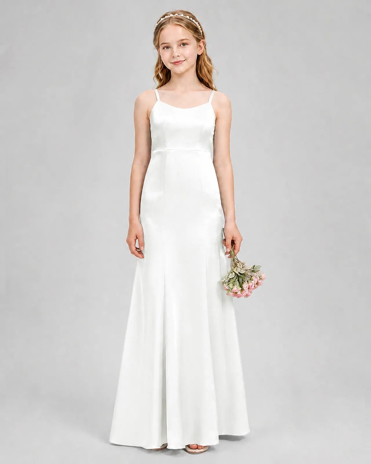 Ivory Satin A-line Girls Formal Dress Front View