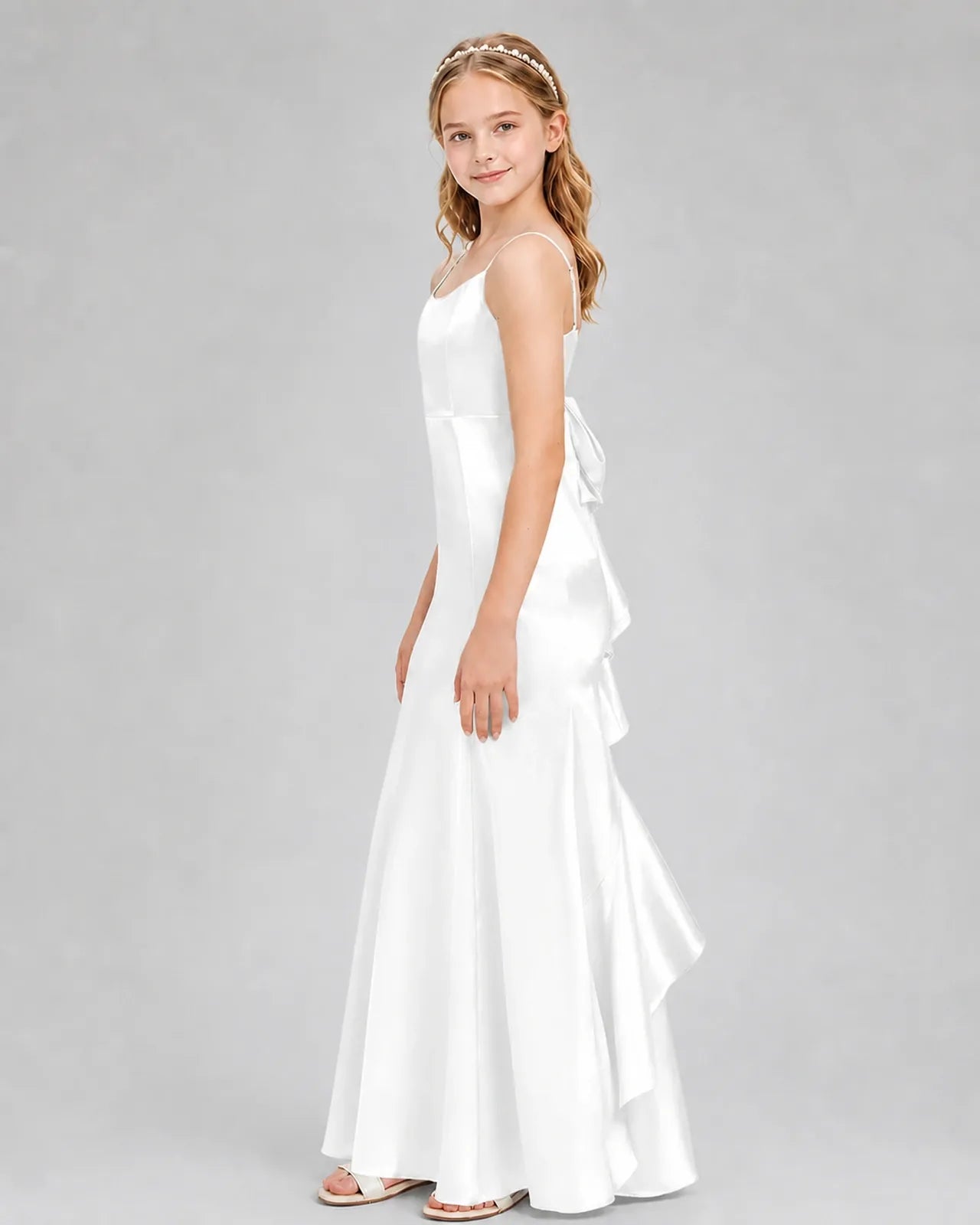 Ivory Satin A-line Girls Formal Dress Side View