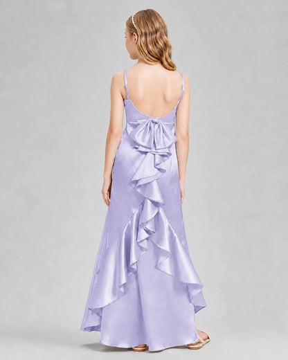 Lavender Satin A-line Girls Formal Dress Back View