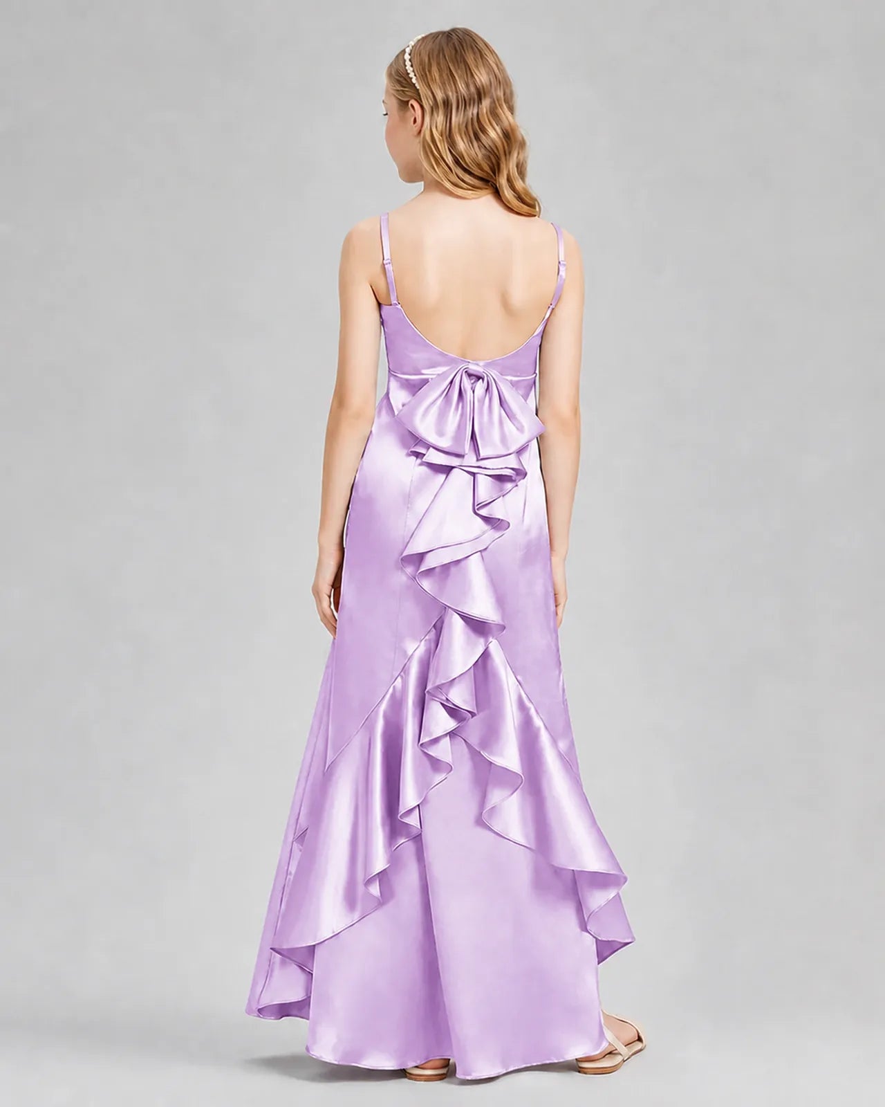 Lilac Satin A-line Girls Formal Dress Back View