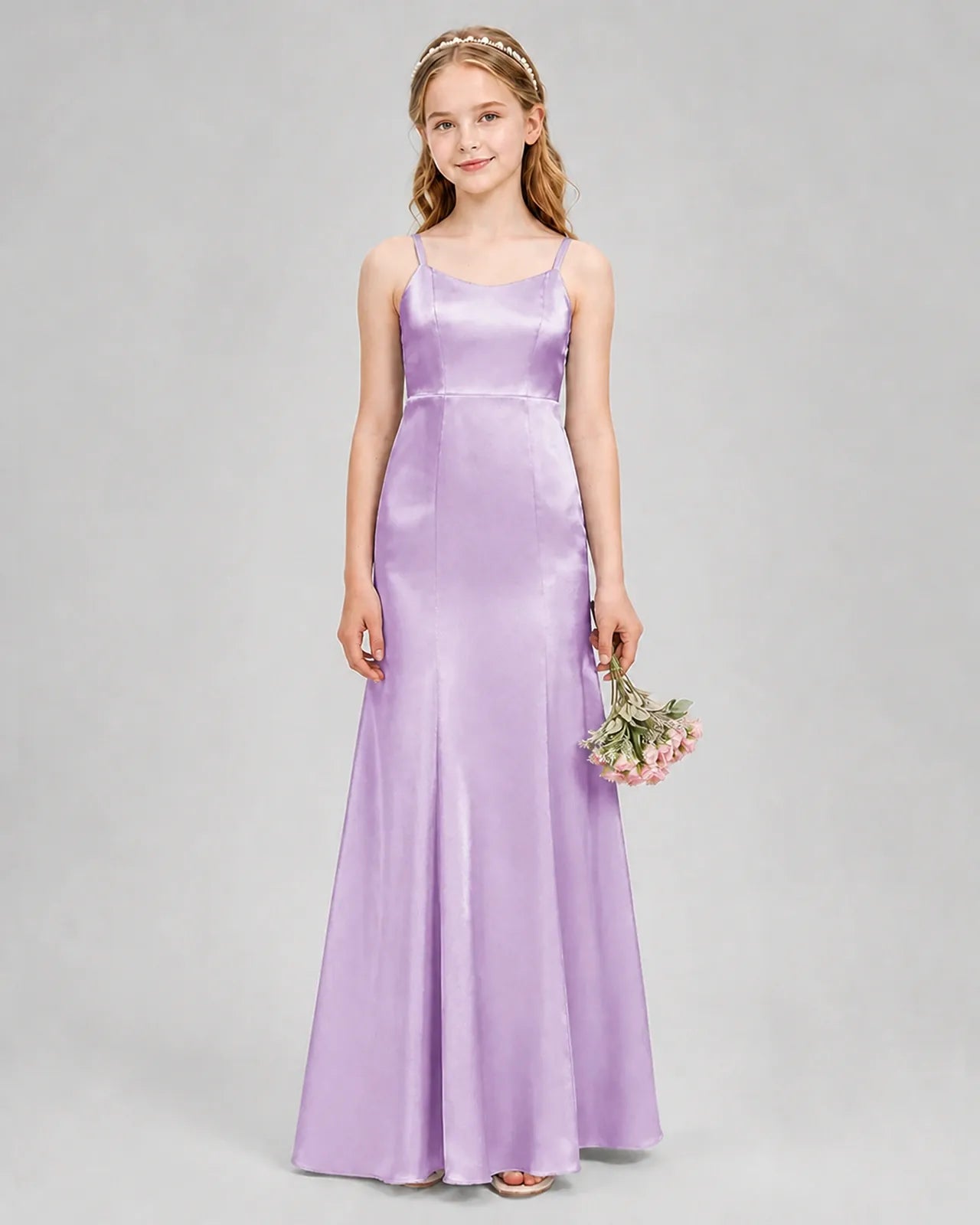 Lilac Satin A-line Girls Formal Dress Front View